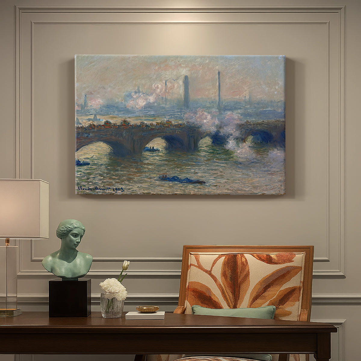 Canvas art print featuring a muted cityscape of bridge spanning river under overcast sky, presented within a refined interior setting