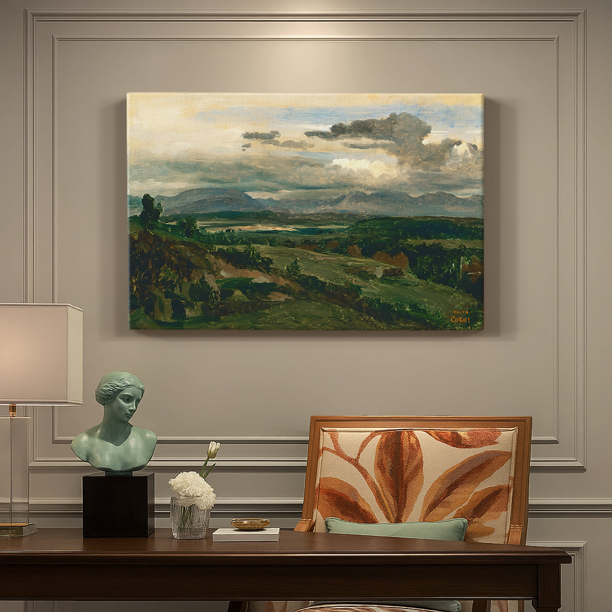 Canvas art print featuring a town set within landscape with cliffs and surrounding countryside, presented within a refined interior setting