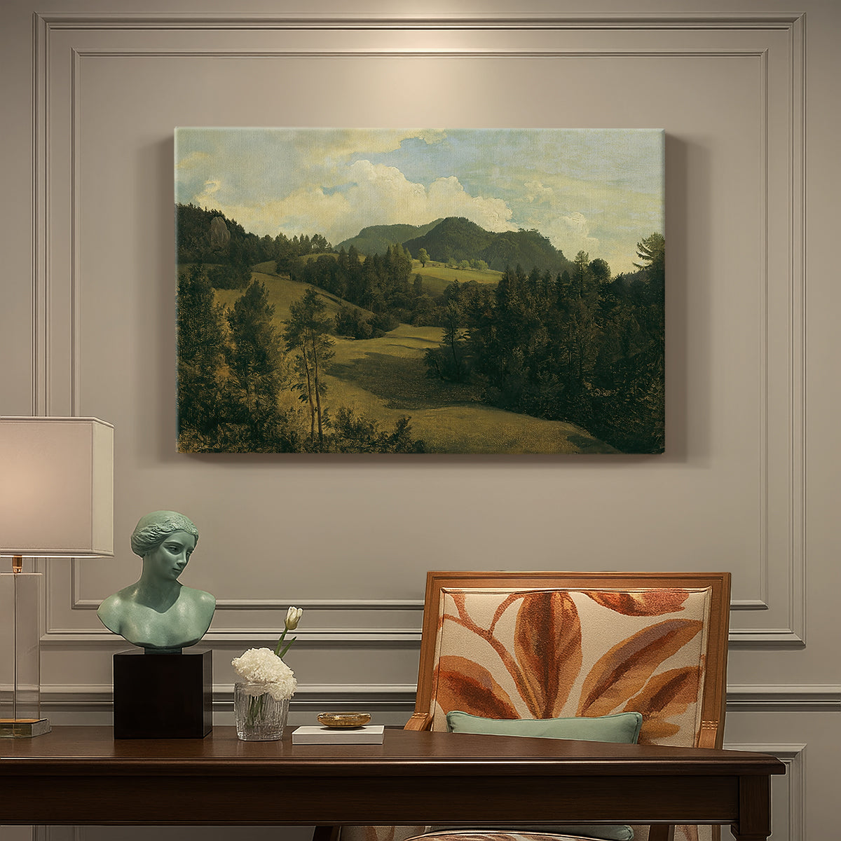 Canvas art print featuring a rolling countryside with trees and distant hills, presented within a refined interior setting