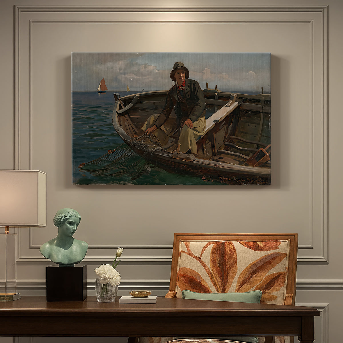 Canvas art print featuring fishermen working from small boat on open water near shore, presented within a refined interior setting