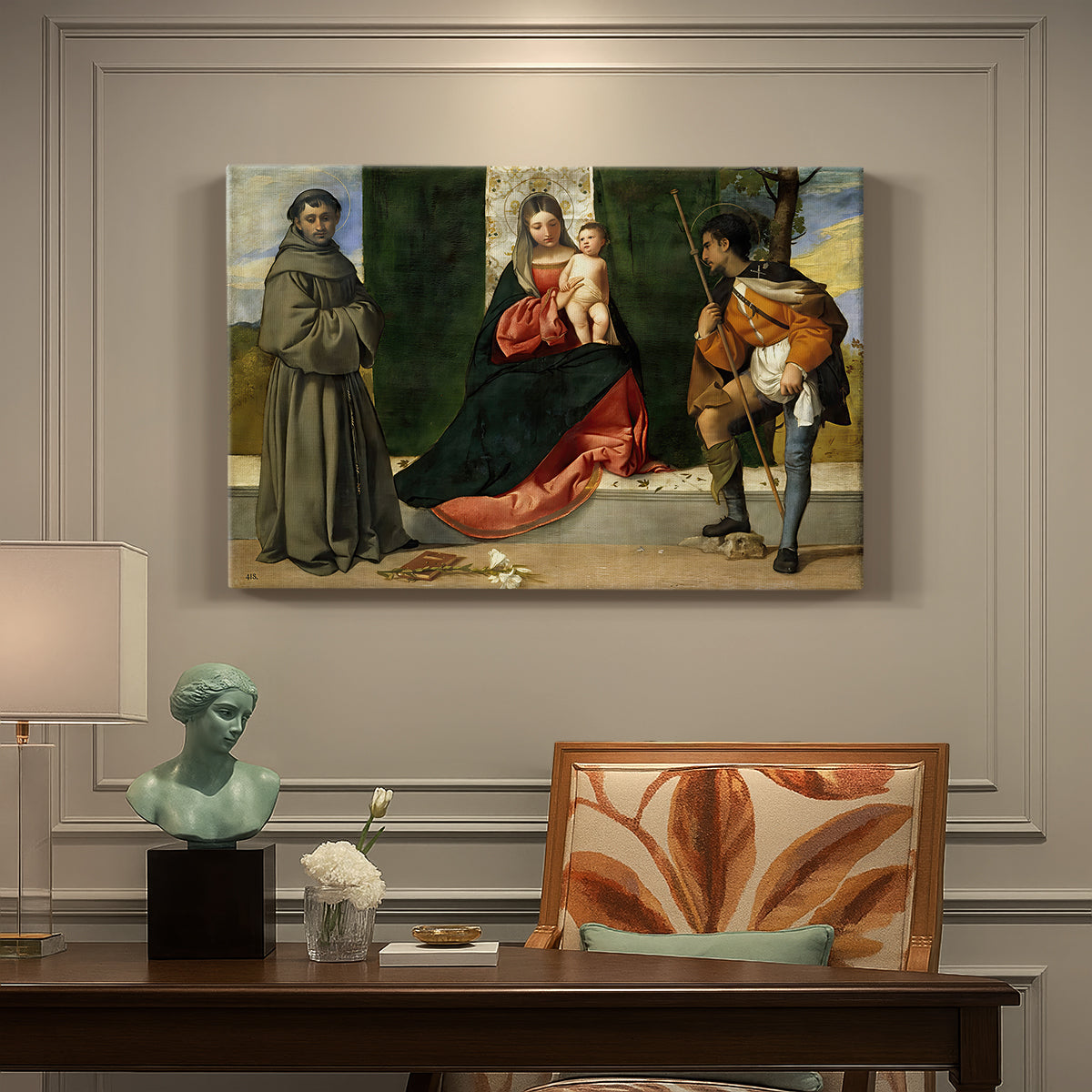 Canvas art print featuring Madonna and child seated with two saints in architectural devotional scene, presented within a refined interior setting