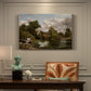 Canvas art print featuring a white horse standing near river within rural landscape, presented within a refined interior setting