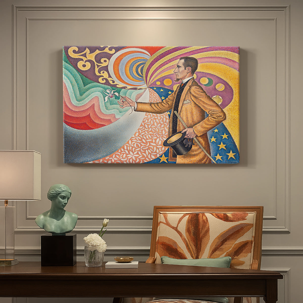 Canvas art print featuring a stylized portrait with swirling decorative background, presented within a refined interior setting