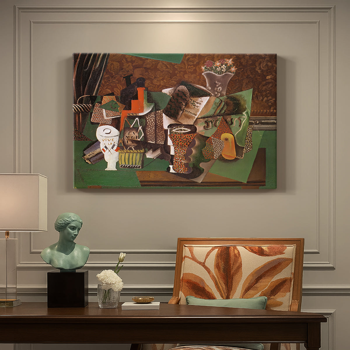 Canvas art print featuring a collage still life with cards bottles and glasses, presented within a refined interior setting