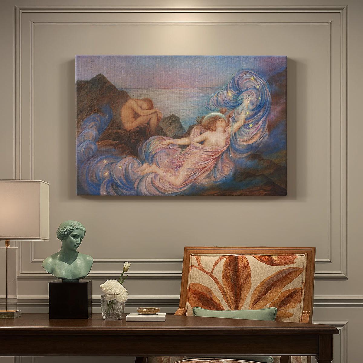 Canvas art print featuring a reclining female figure beneath glowing sky at twilight with soft colors, presented within a refined interior setting