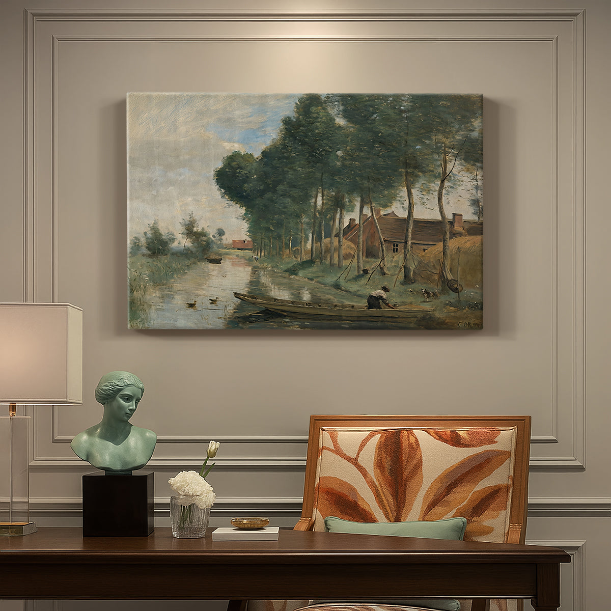 Canvas art print featuring a quiet rural landscape with trees and open terrain under muted sky, presented within a refined interior setting