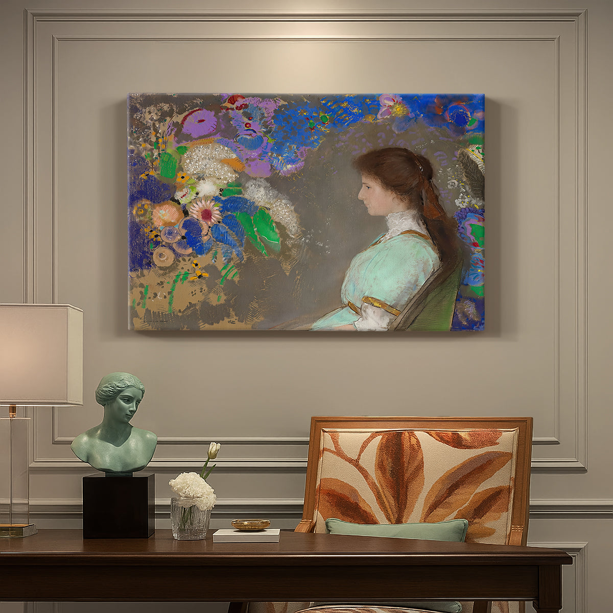 Canvas art print featuring a young woman in profile with soft decorative background, presented within a refined interior setting