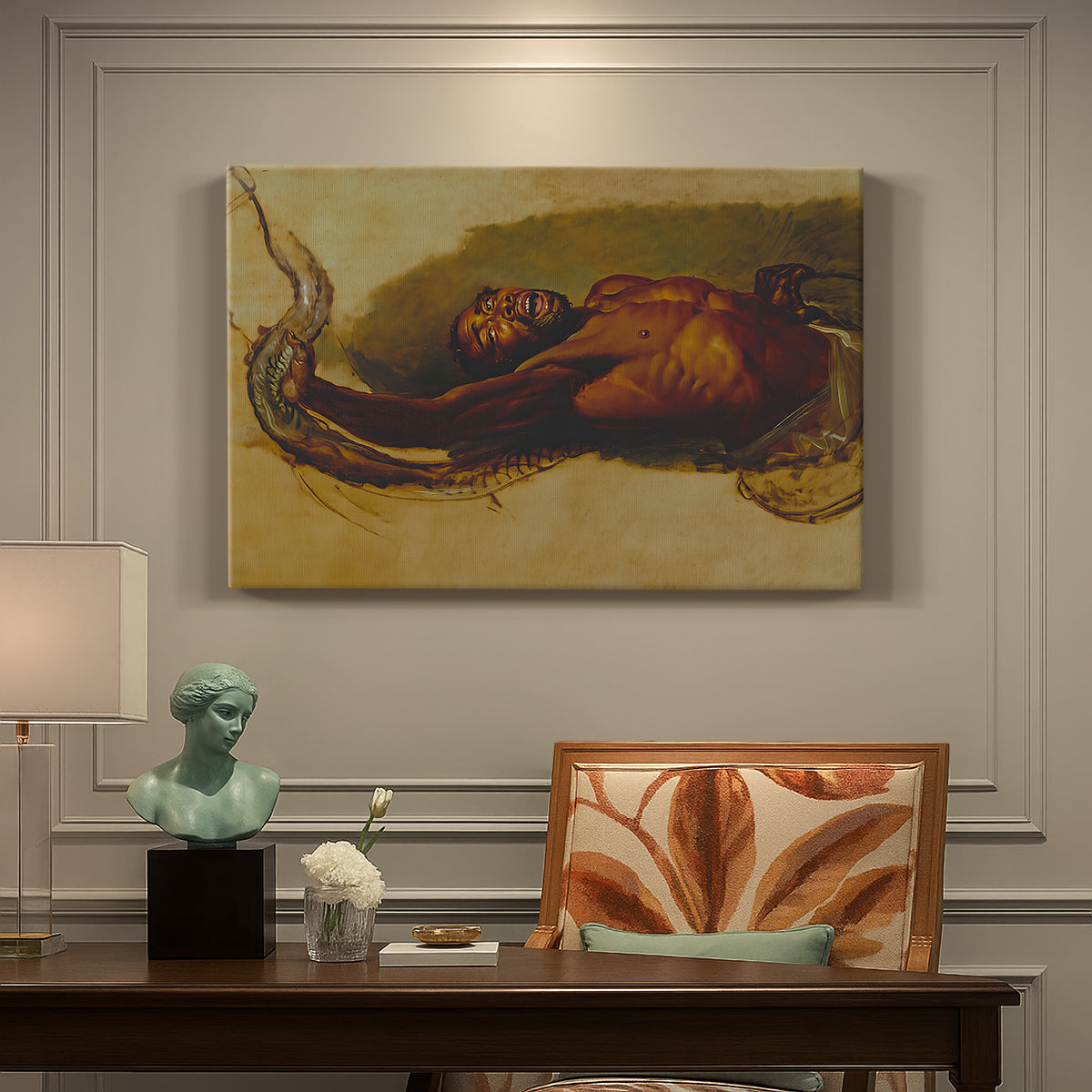 Canvas art print featuring a man grappling with large snake in dramatic physical struggle, presented within a refined interior setting