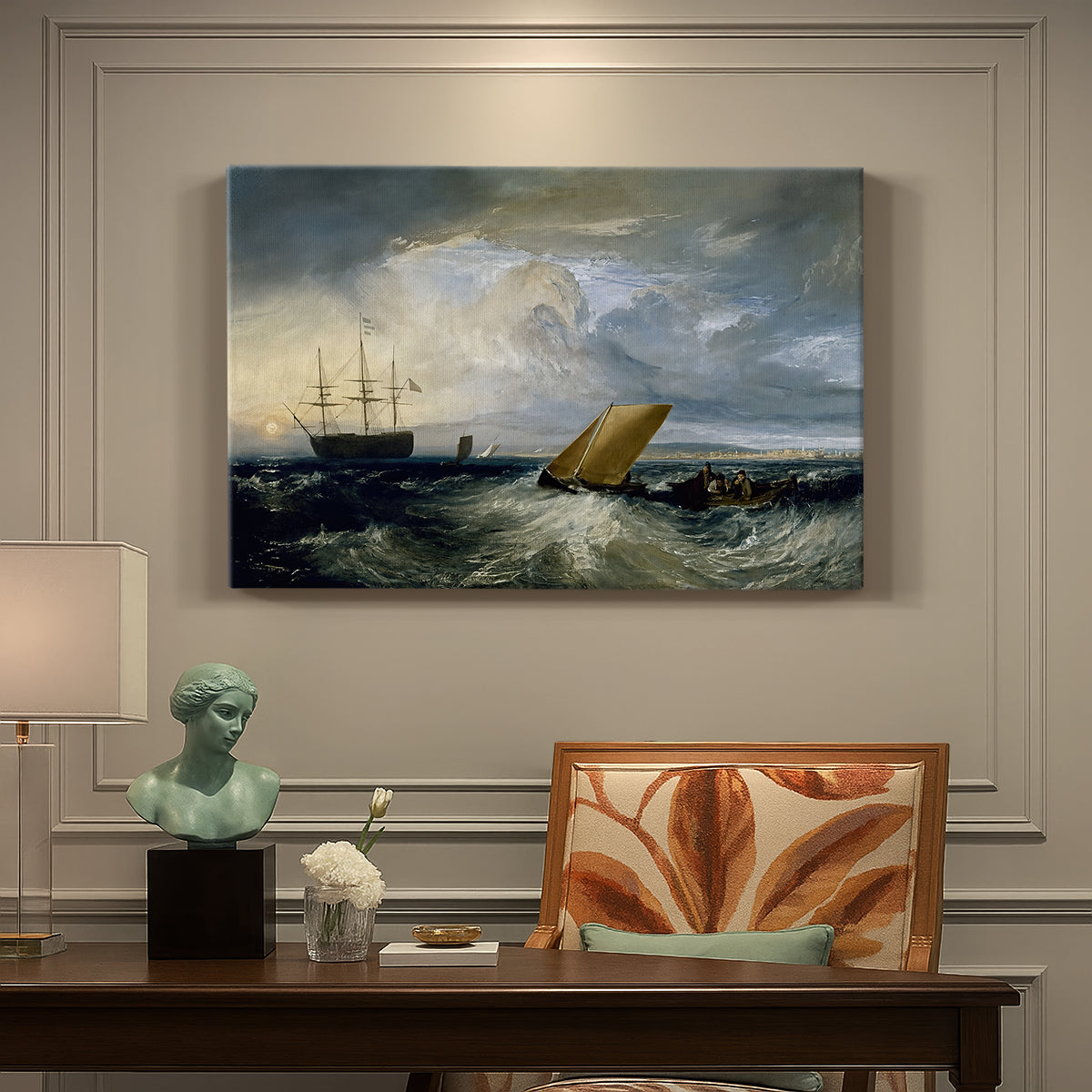 Canvas art print featuring a coastal scene with ships and distant shoreline, presented within a refined interior setting