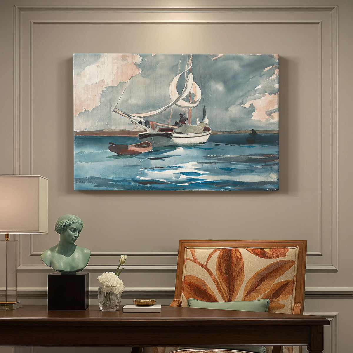 Canvas art print featuring a single sailboat moving across bright blue water under clear sky, presented within a refined interior setting