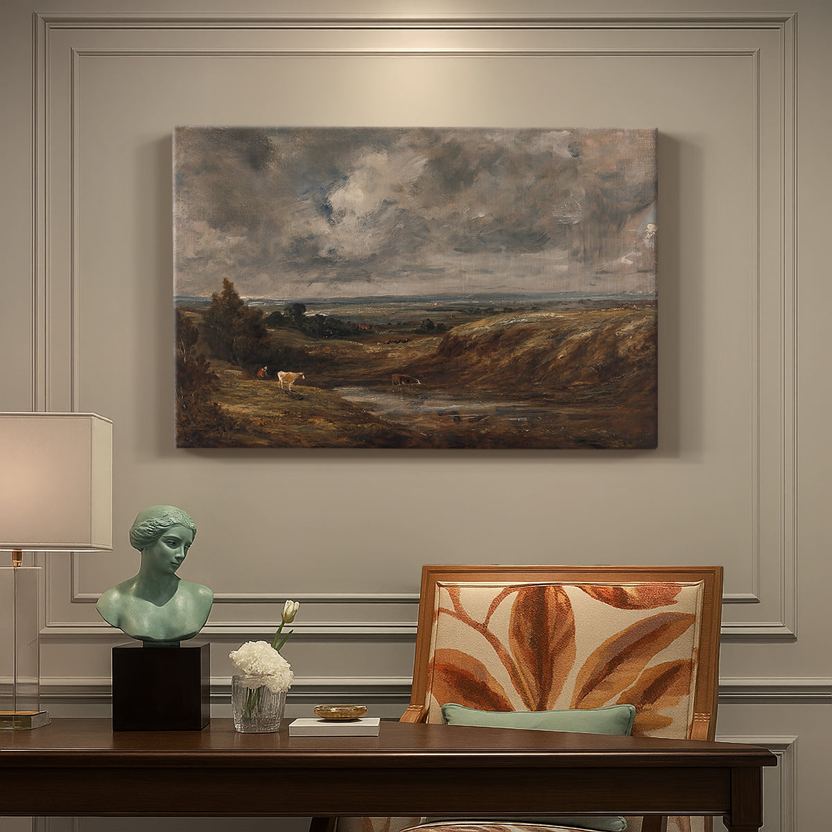 Canvas art print featuring an open heath landscape with low vegetation and expansive sky, presented within a refined interior setting