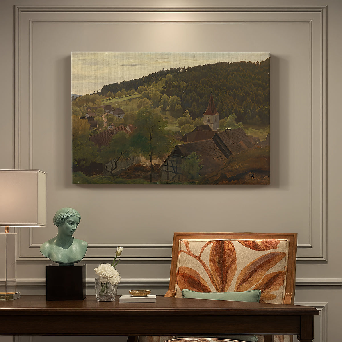 Canvas art print featuring an elevated landscape view overlooking valley and distant hills, presented within a refined interior setting