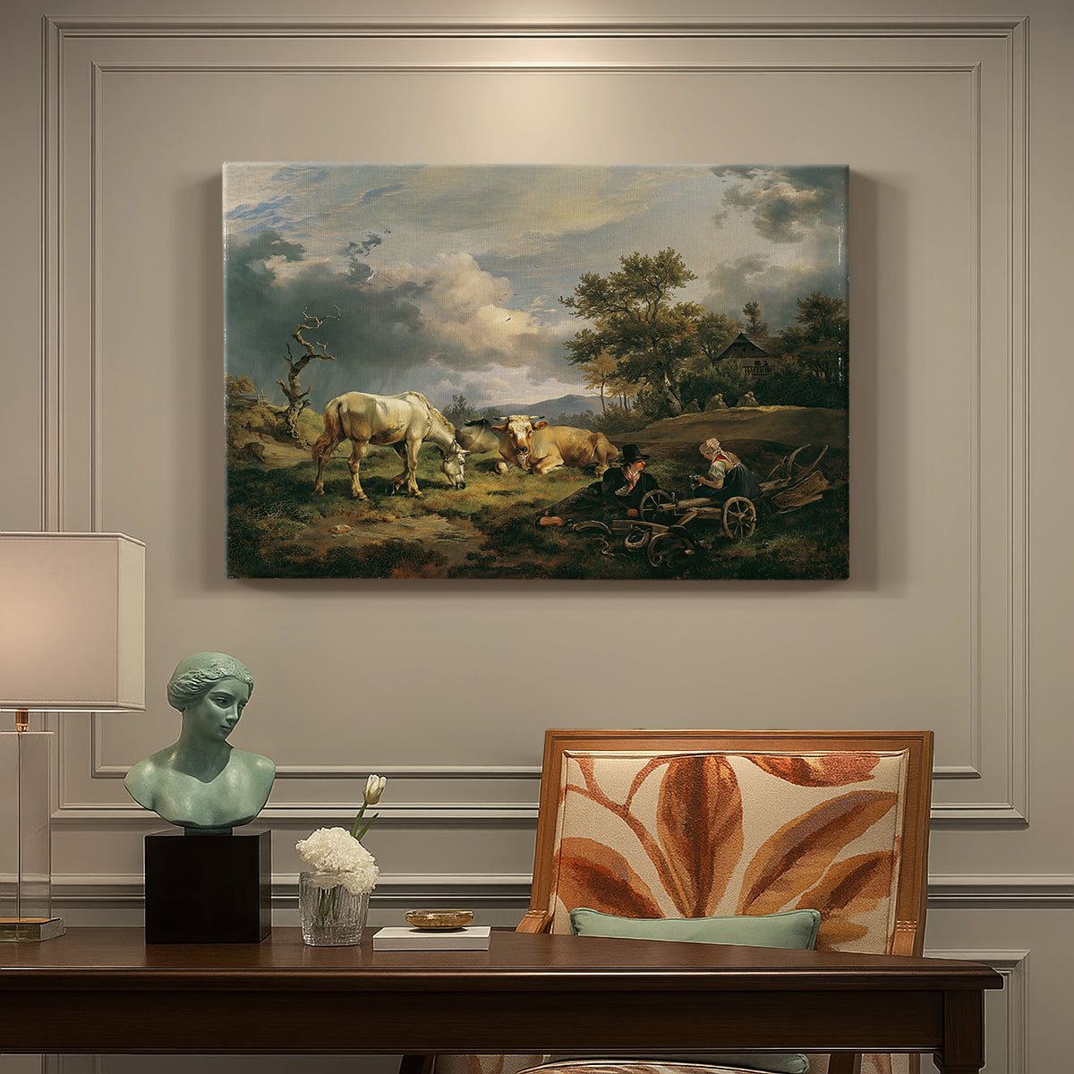 Canvas art print featuring a couple seated resting in open field, presented within a refined interior setting