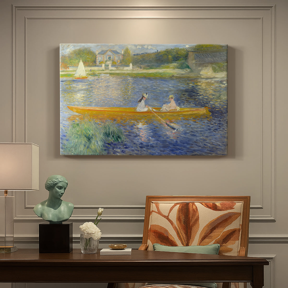 Canvas art print featuring two figures seated in a small boat drifting across calm water, presented within a refined interior setting