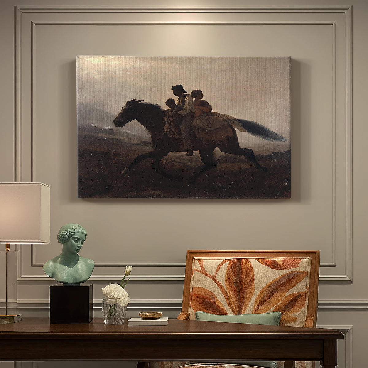 Canvas art print featuring a family riding horseback through night escaping across landscape, presented within a refined interior setting