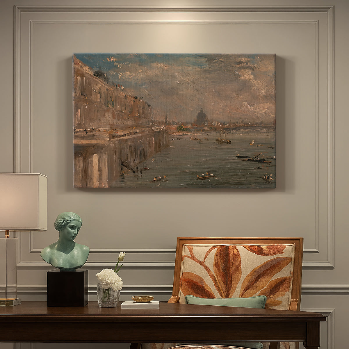Canvas art print featuring a cityscape with riverside buildings and bridge, presented within a refined interior setting