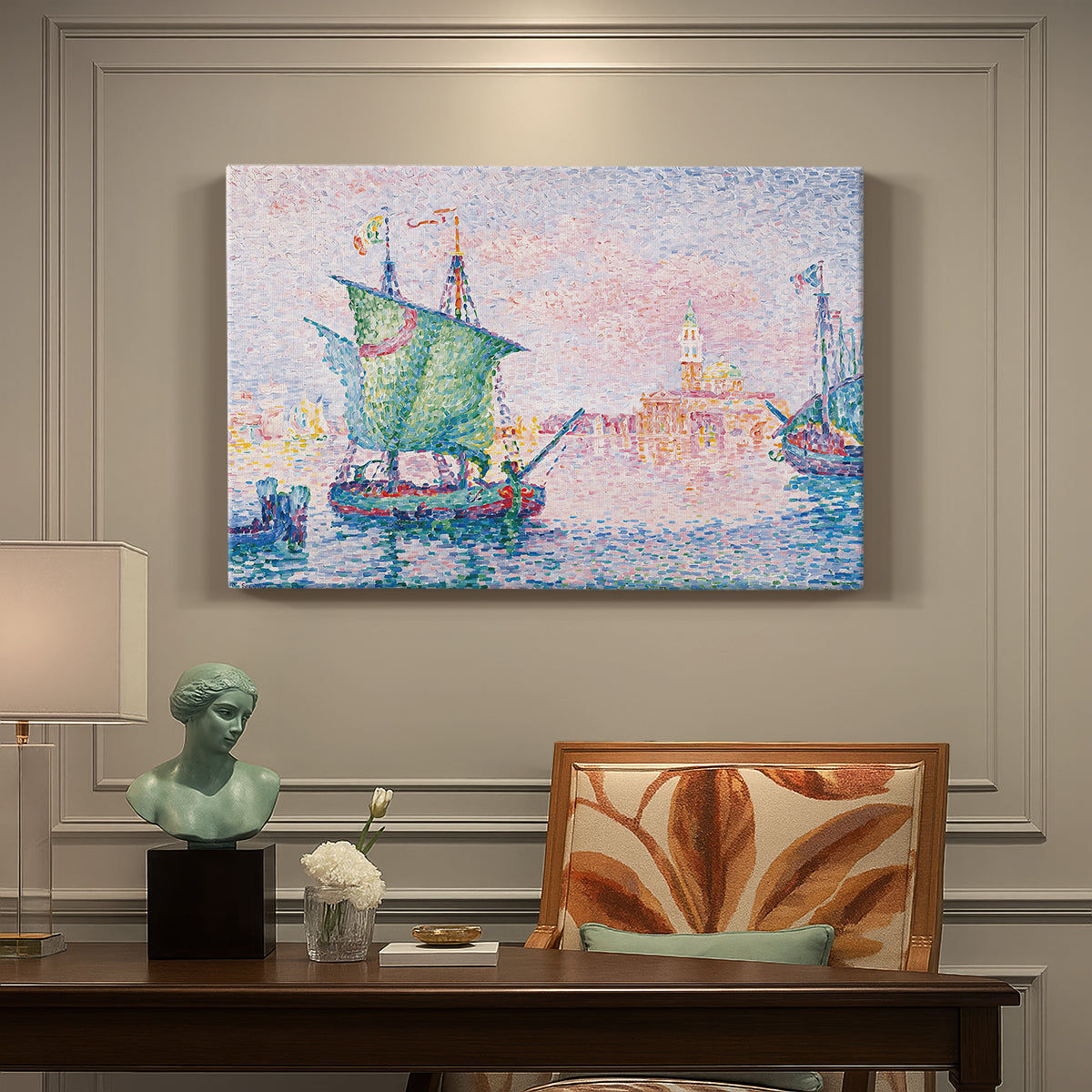 Canvas art print featuring a Venetian waterfront under pink sky, presented within a refined interior setting