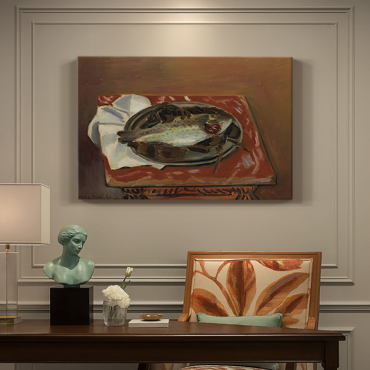 Canvas art print featuring a fish laid on a table in a simple still life arrangement, presented within a refined interior setting