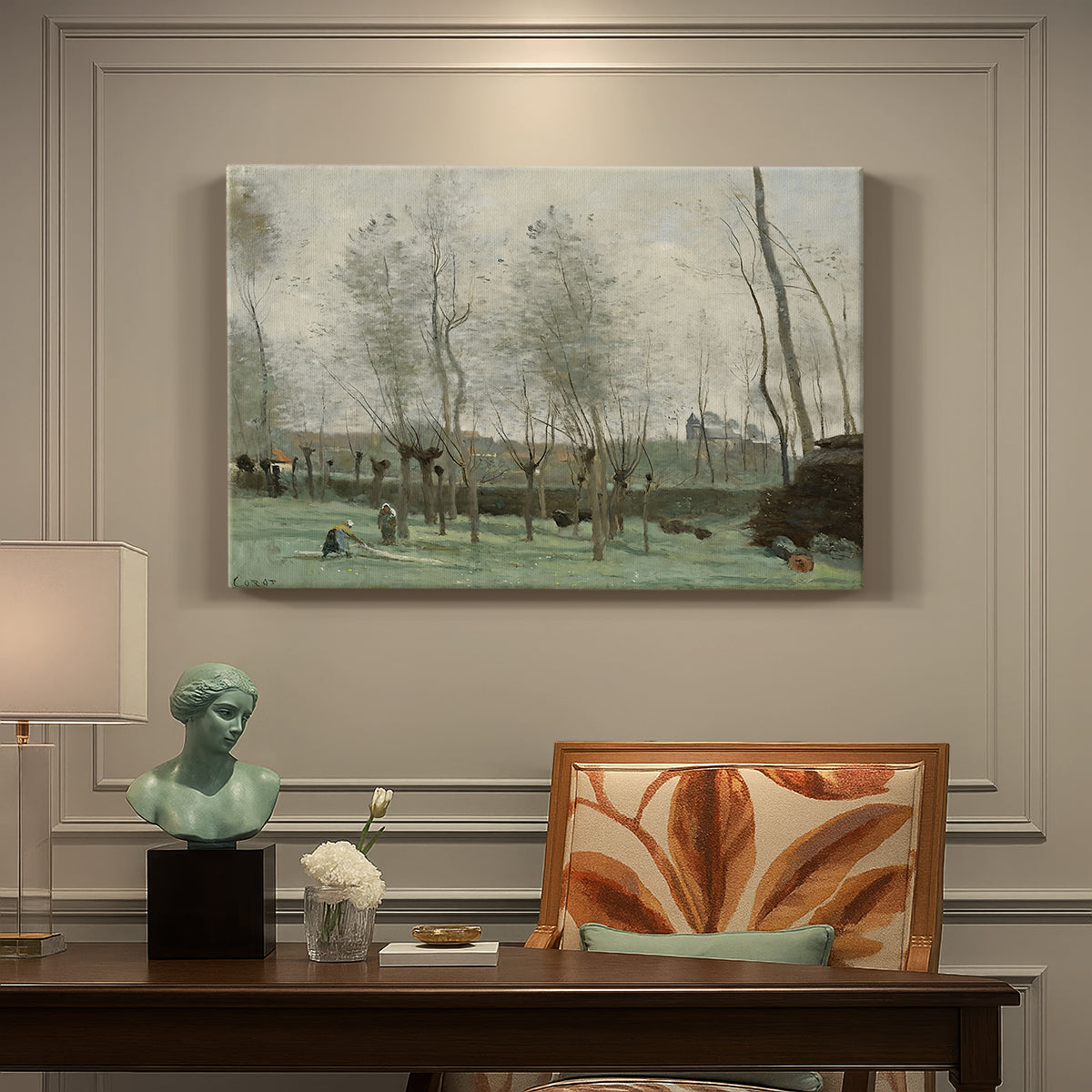 Canvas art print featuring women washing clothes beside water under willow trees, presented within a refined interior setting