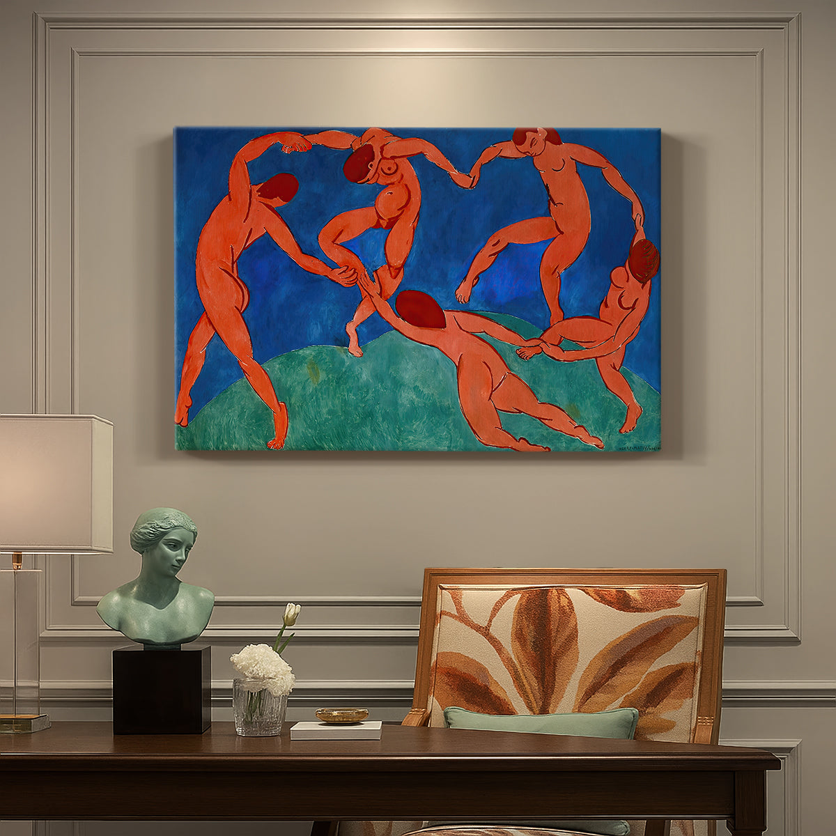 Canvas art print featuring dancing figures holding hands in a circular rhythm against a bold background, presented within a refined interior setting