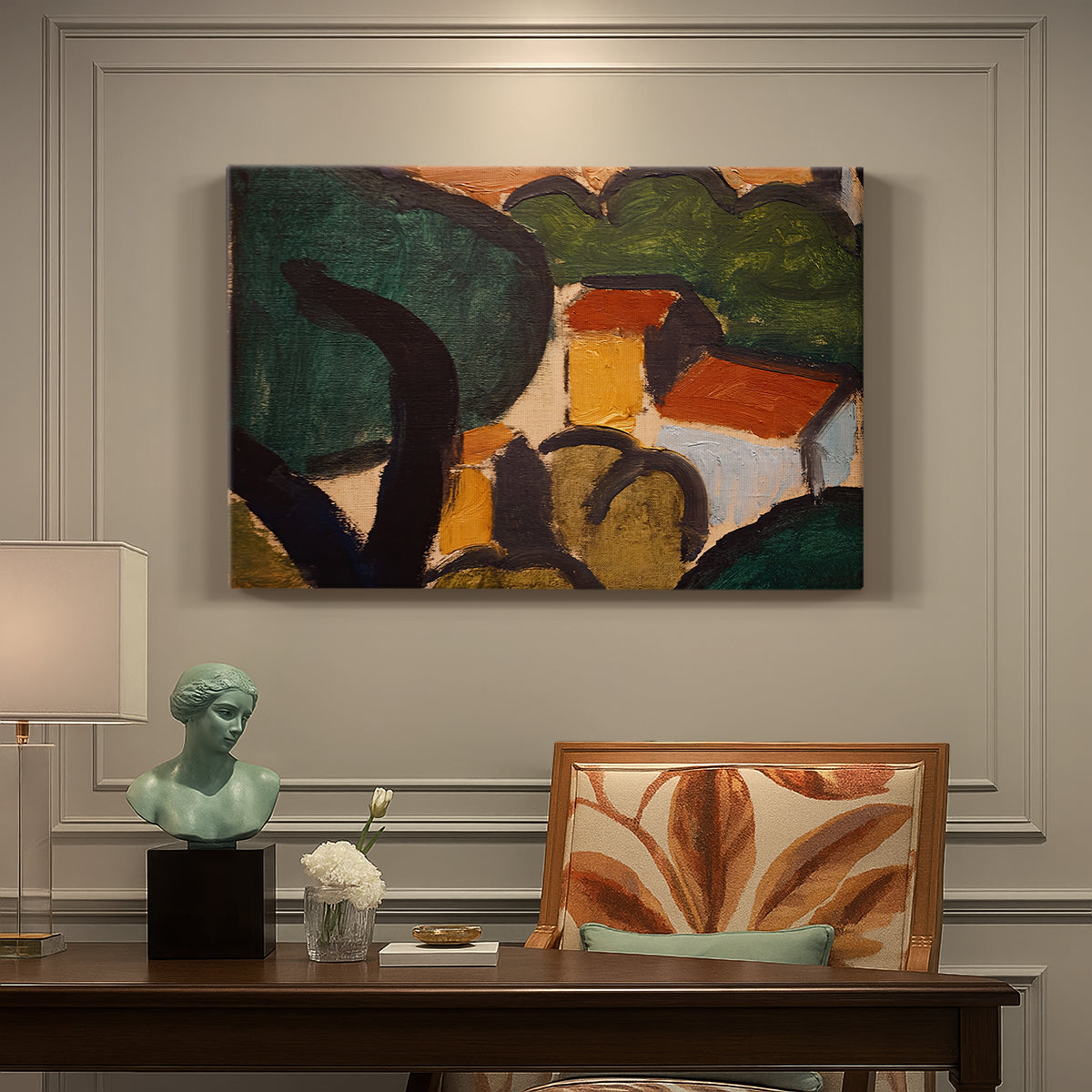 Canvas art print featuring simplified houses and trees arranged in a geometric landscape, presented within a refined interior setting