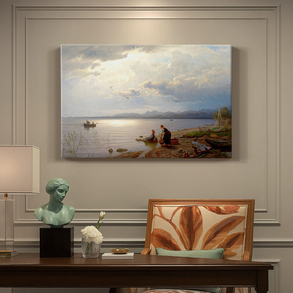 Canvas art print featuring figures gathered along shoreline with wide lake and distant horizon, presented within a refined interior setting