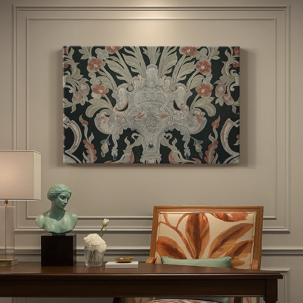 Canvas art print featuring a dense repeating pattern with animals, plants, and decorative elements across fabric, presented within a refined interior setting