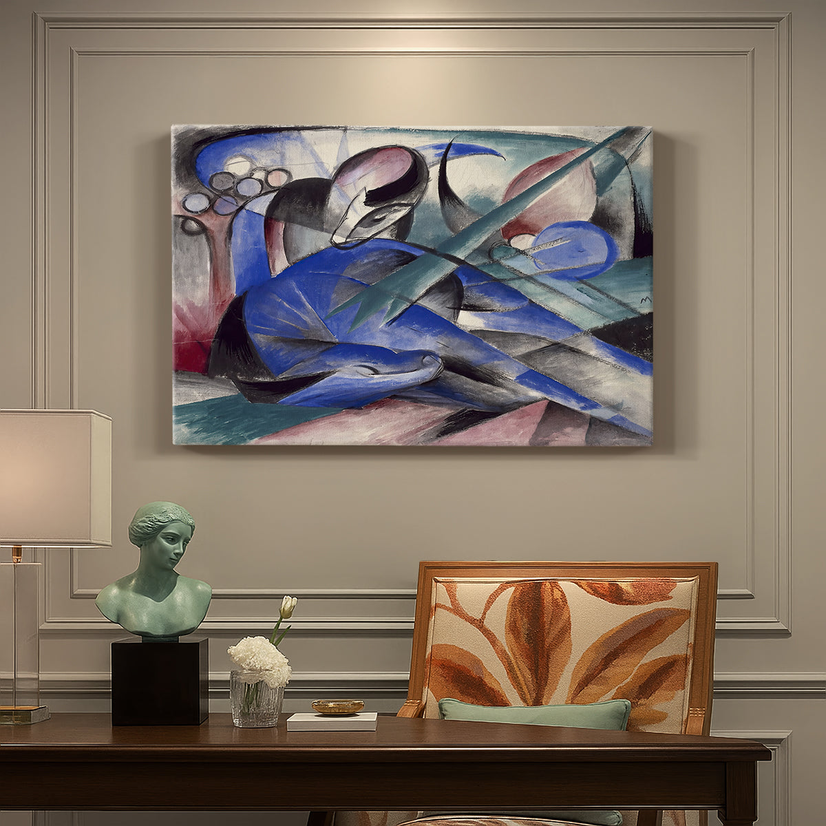 Canvas art print featuring a reclining horse depicted in flowing abstract shapes and colors, presented within a refined interior setting