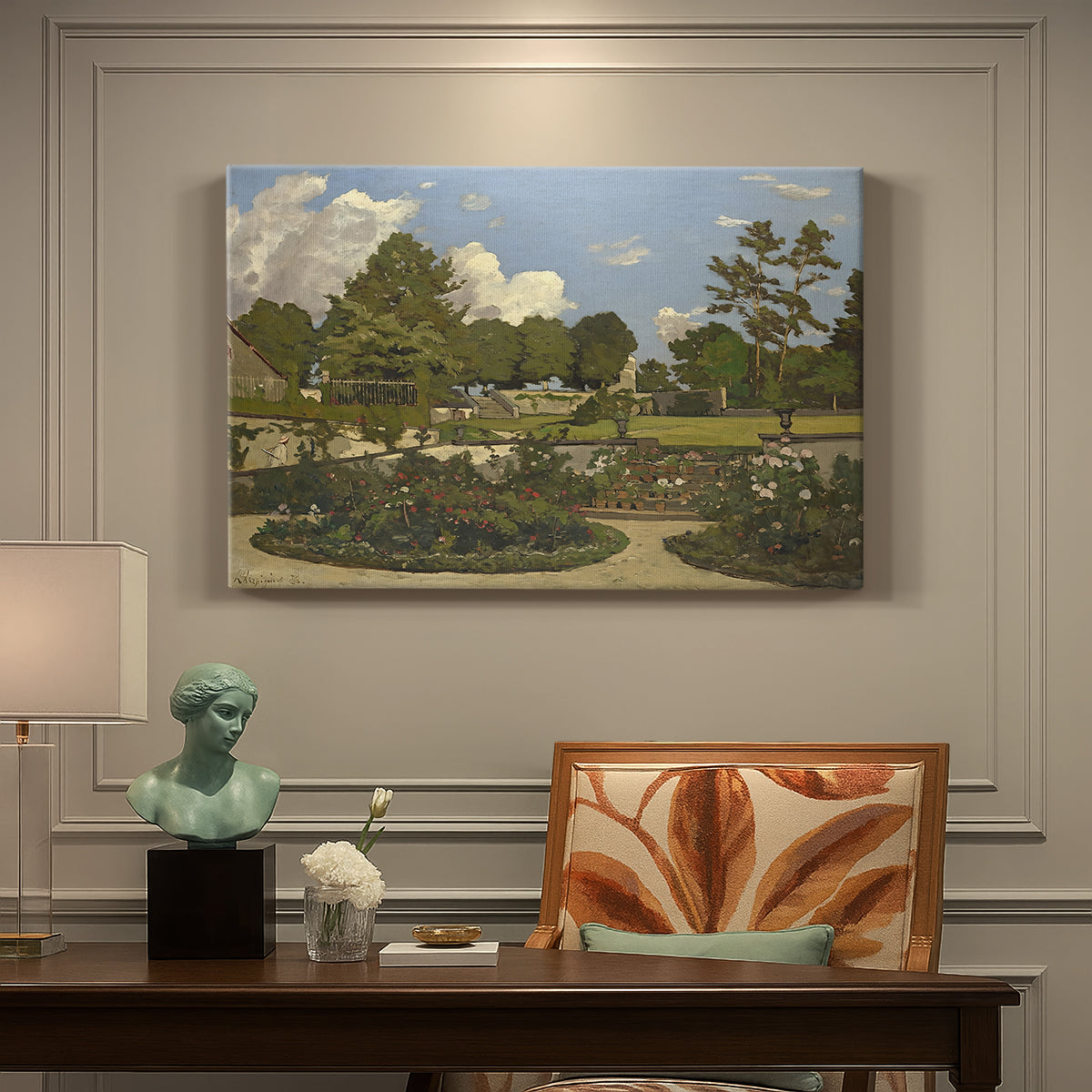 Canvas art print featuring a landscaped garden with trees, water, and open sky in peaceful setting, presented within a refined interior setting