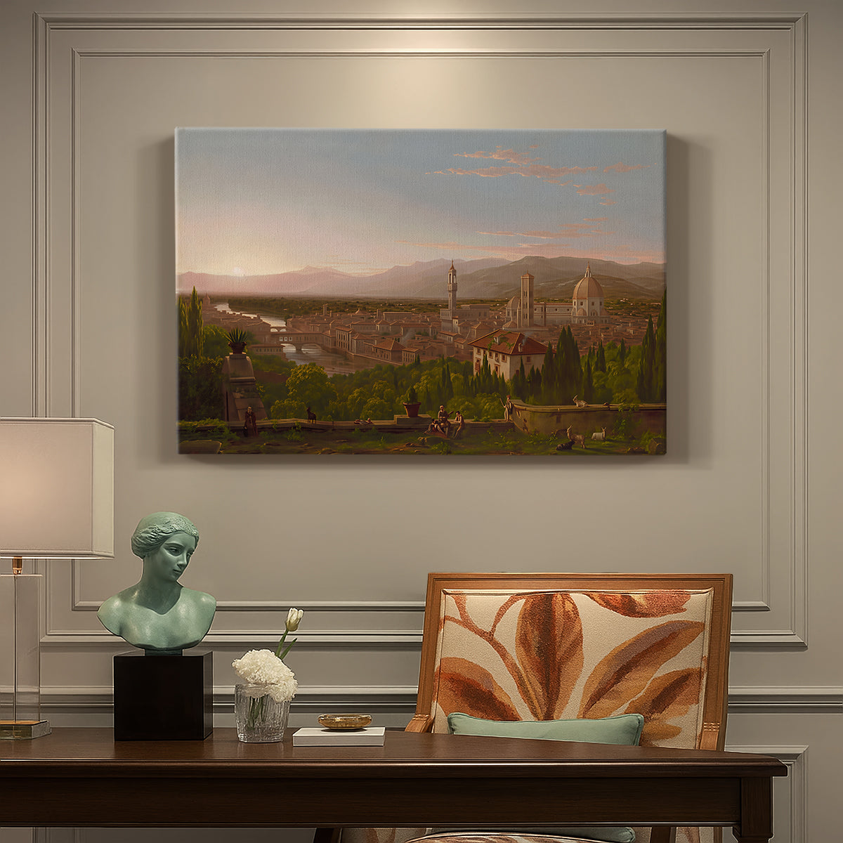 Canvas art print featuring a city of Florence viewed from elevated vantage point with surrounding hills, presented within a refined interior setting