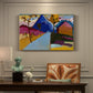 Canvas art print featuring a simplified street scene with buildings and landscape rendered in bold color blocks, presented within a refined interior setting