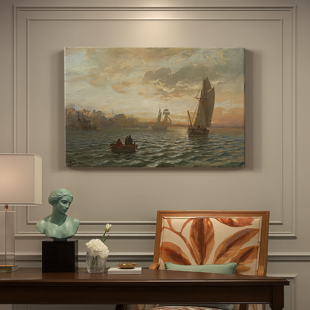 Canvas art print featuring a coastal landscape with boats scattered across fjord and distant landforms, presented within a refined interior setting