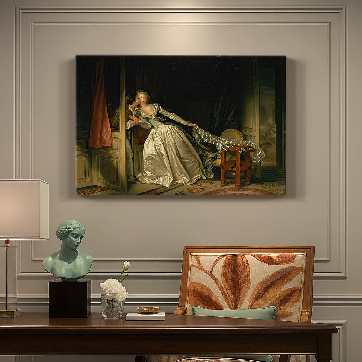 Canvas art print featuring an intimate interior scene with couple sharing a secret kiss, presented within a refined interior setting