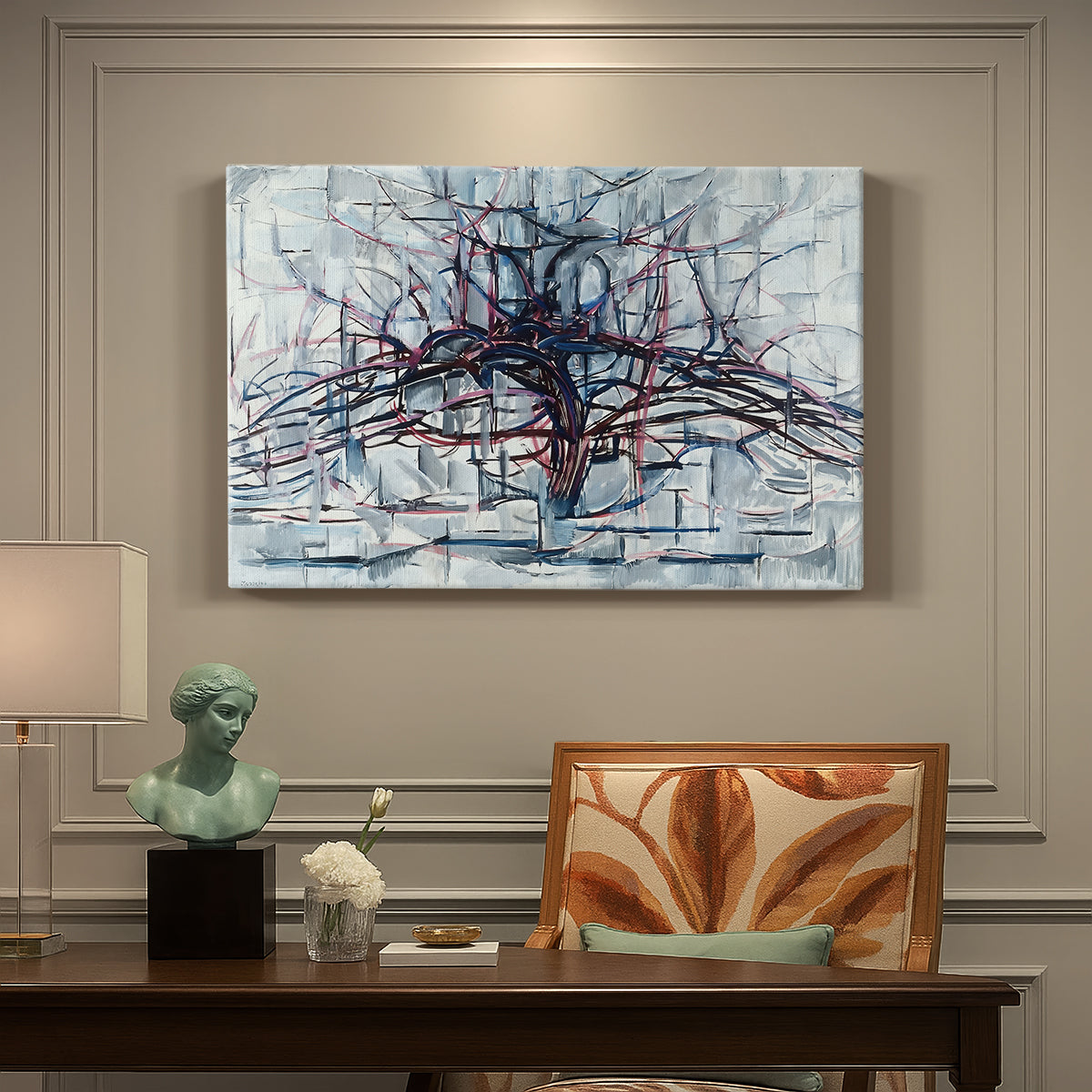 Canvas art print featuring a tree stretched into horizontal lines, presented within a refined interior setting