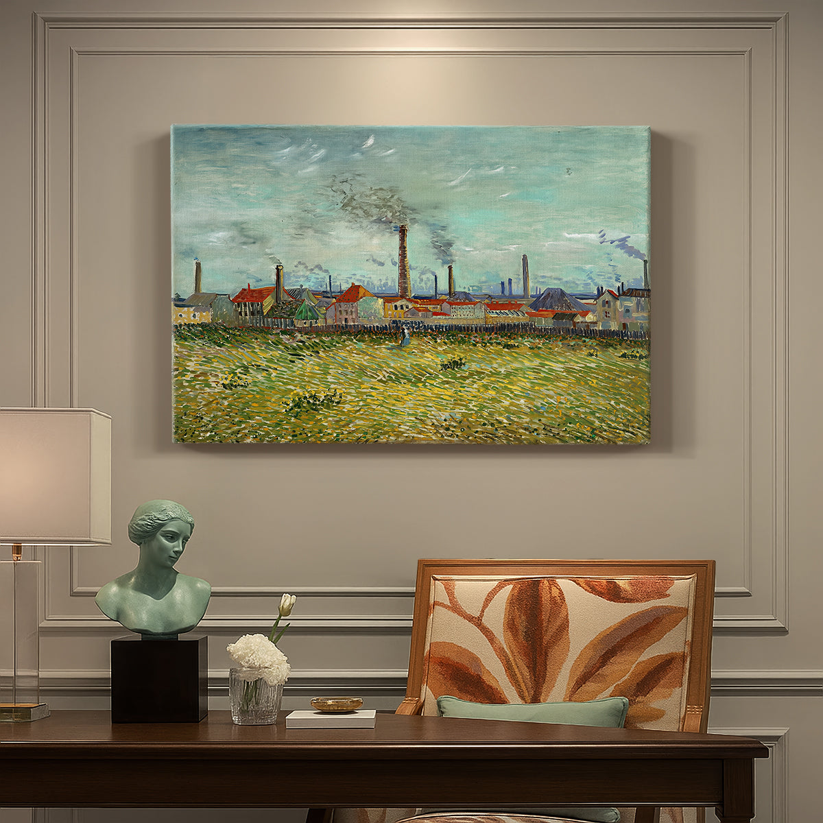 Canvas art print featuring industrial buildings with smokestacks rising above flat landscape, presented within a refined interior setting