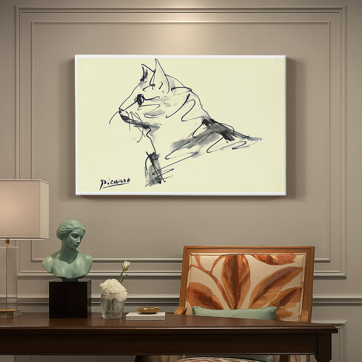 Canvas art print featuring a simple line drawing of cat in relaxed pose, presented within a refined interior setting