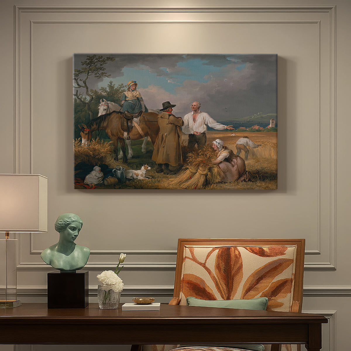 Canvas art print featuring a group of figures harvesting crops in open rural landscape, presented within a refined interior setting