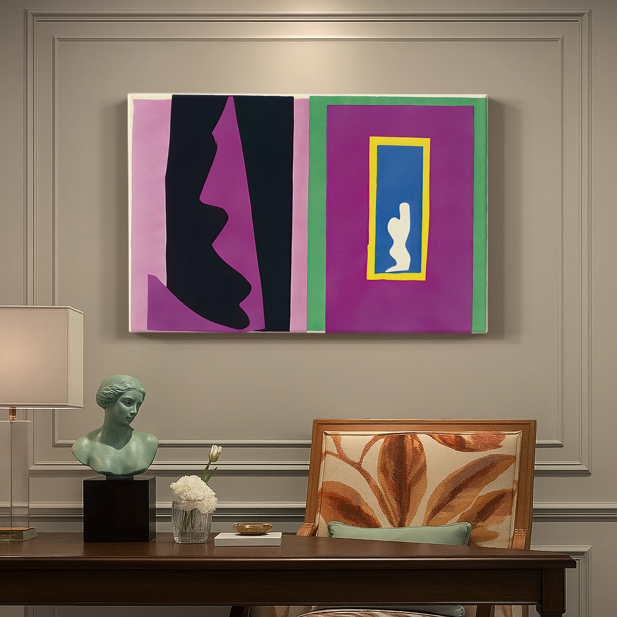 Canvas art print featuring an abstract collage with cut-out shapes forming symbolic composition, presented within a refined interior setting