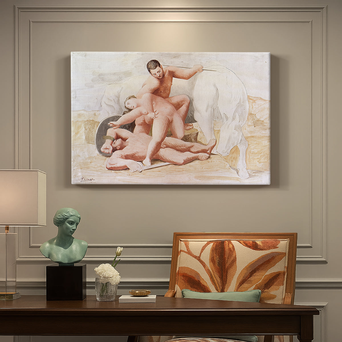 Canvas art print featuring intertwined figures in dynamic pose suggesting struggle, presented within a refined interior setting