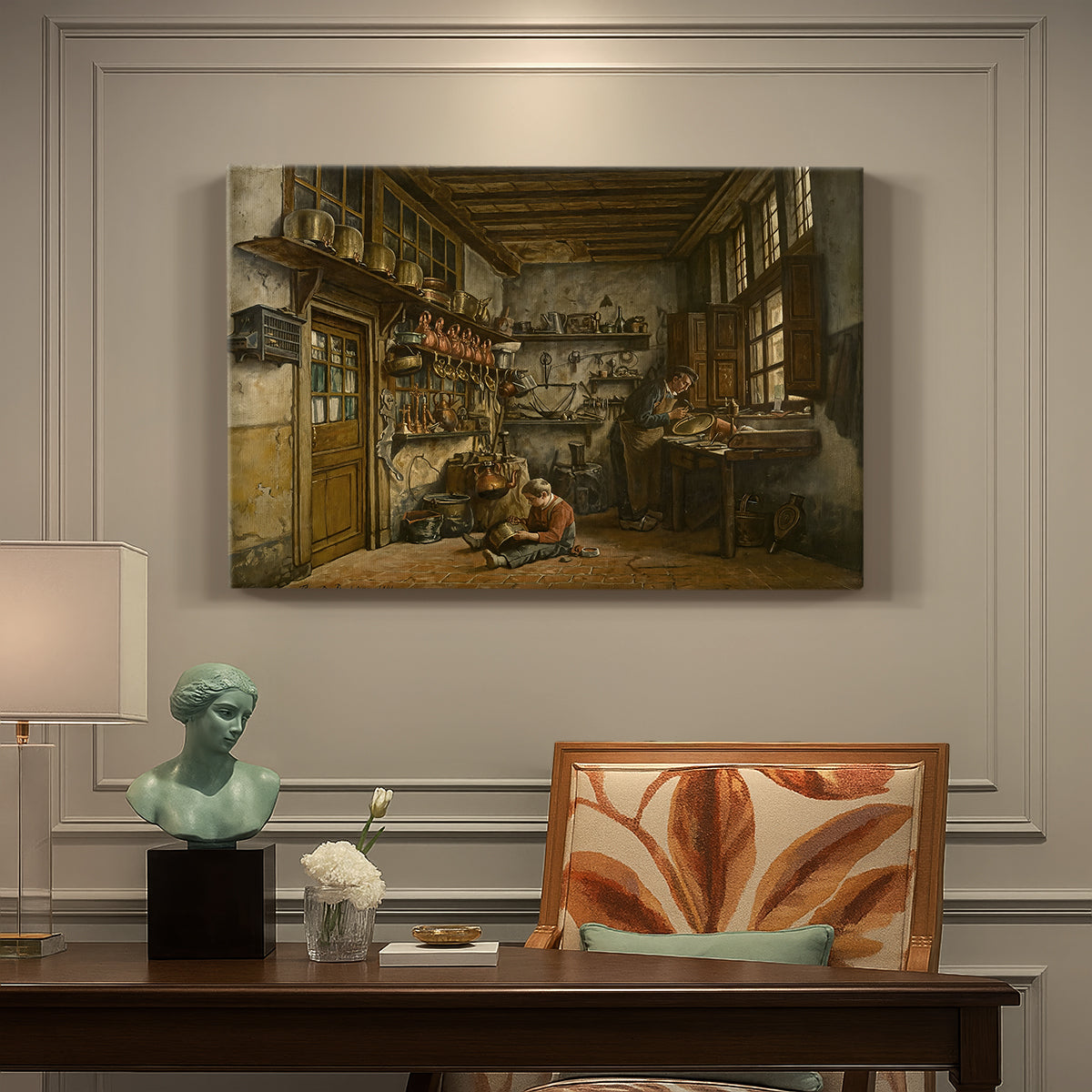 Canvas art print featuring a man working at table inside rustic interior filled with tools and objects, presented within a refined interior setting