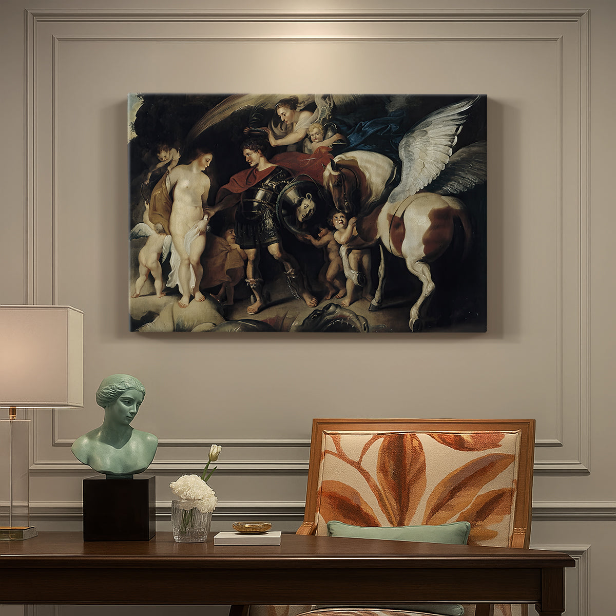 Canvas art print featuring Perseus rescuing Andromeda from chained position, presented within a refined interior setting