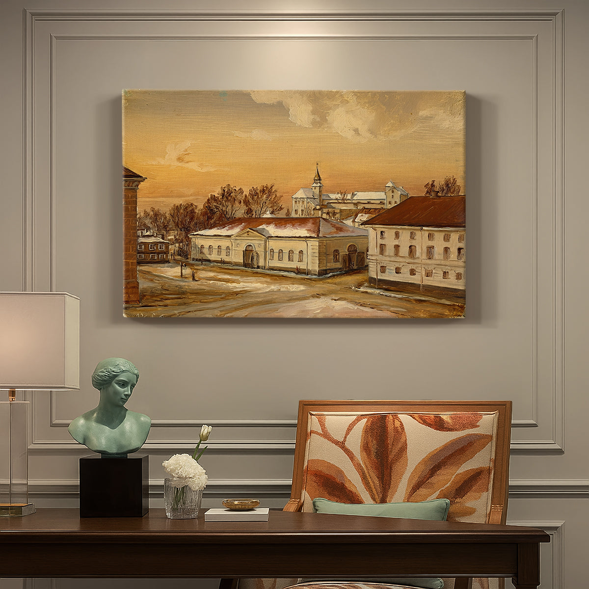 Canvas art print featuring a historic castle courtyard with riders and buildings in structured setting, presented within a refined interior setting