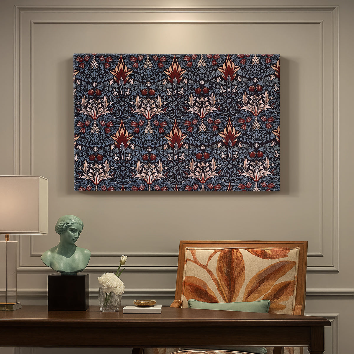 Canvas art print featuring a repeating pattern of stylized flowers with curved stems in contrasting indigo and red tones, presented within a refined interior setting