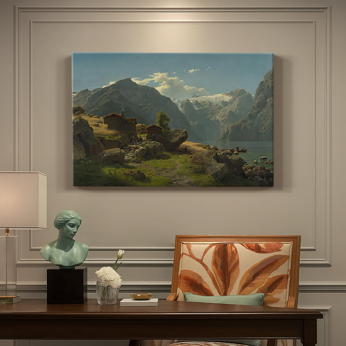 Canvas art print featuring a fjord landscape with mountains, water, and small settlement under open sky, presented within a refined interior setting