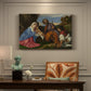 Canvas art print featuring a holy family gathered with shepherd in rustic outdoor setting, presented within a refined interior setting