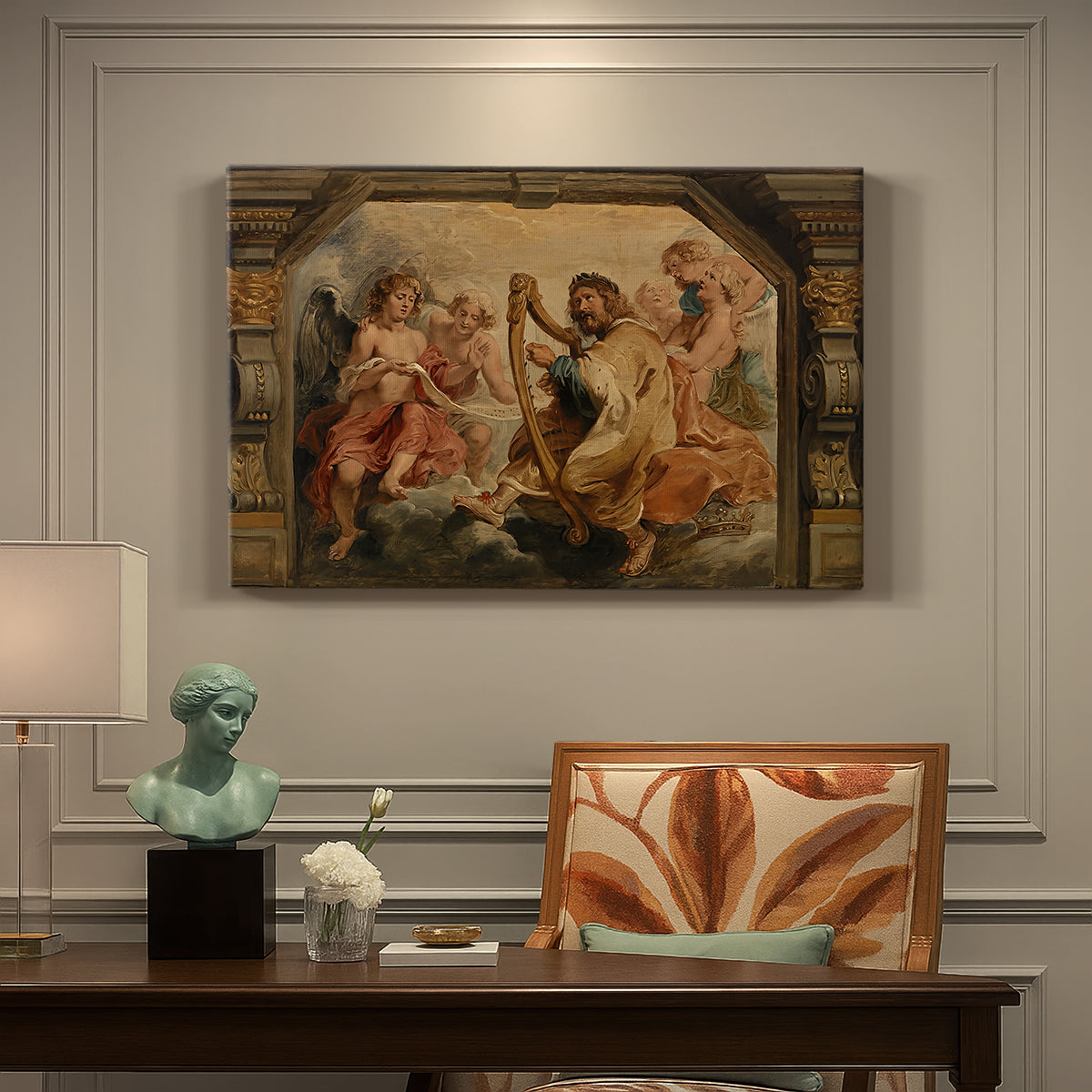 Canvas art print featuring a seated figure playing harp with attendants, presented within a refined interior setting