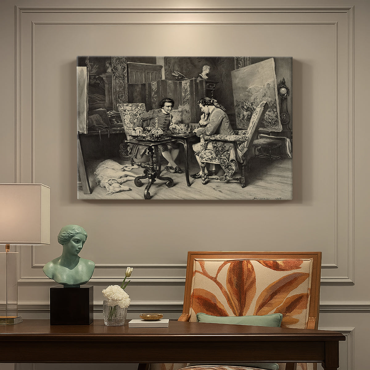Canvas art print featuring two men seated at table playing chess in detailed interior setting, presented within a refined interior setting