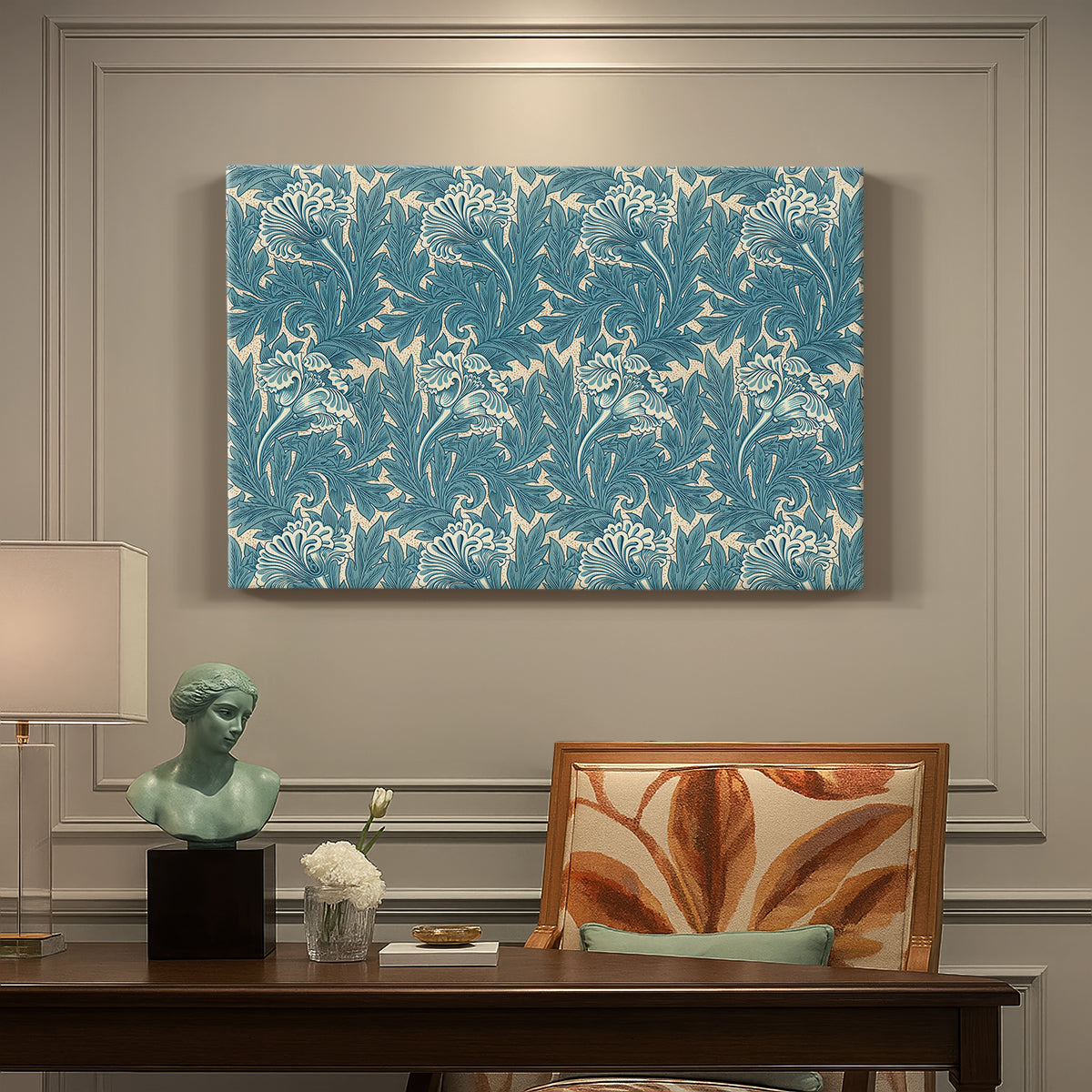 Canvas art print featuring a repeating floral pattern with tulip shapes in teal and neutral tones, presented within a refined interior setting