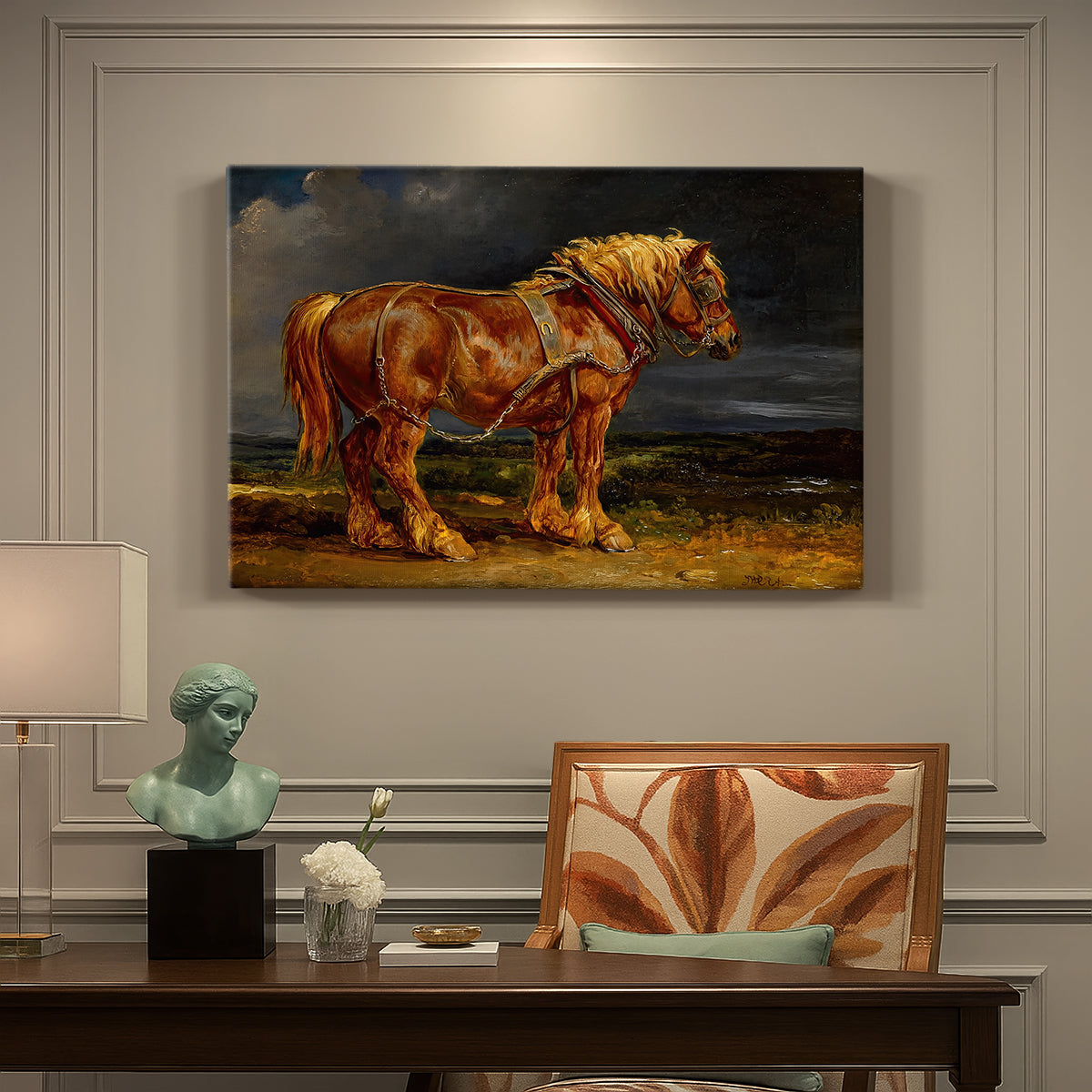 Canvas art print featuring a large shire horse standing prominently in wide open landscape, presented within a refined interior setting