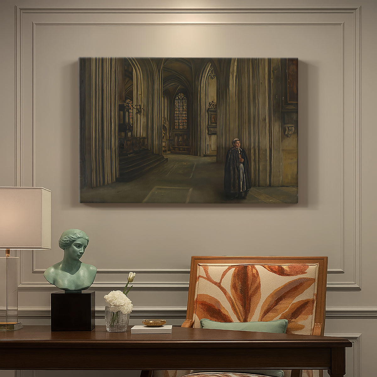 Canvas art print featuring a quiet church interior with columns, arches, and soft light, presented within a refined interior setting